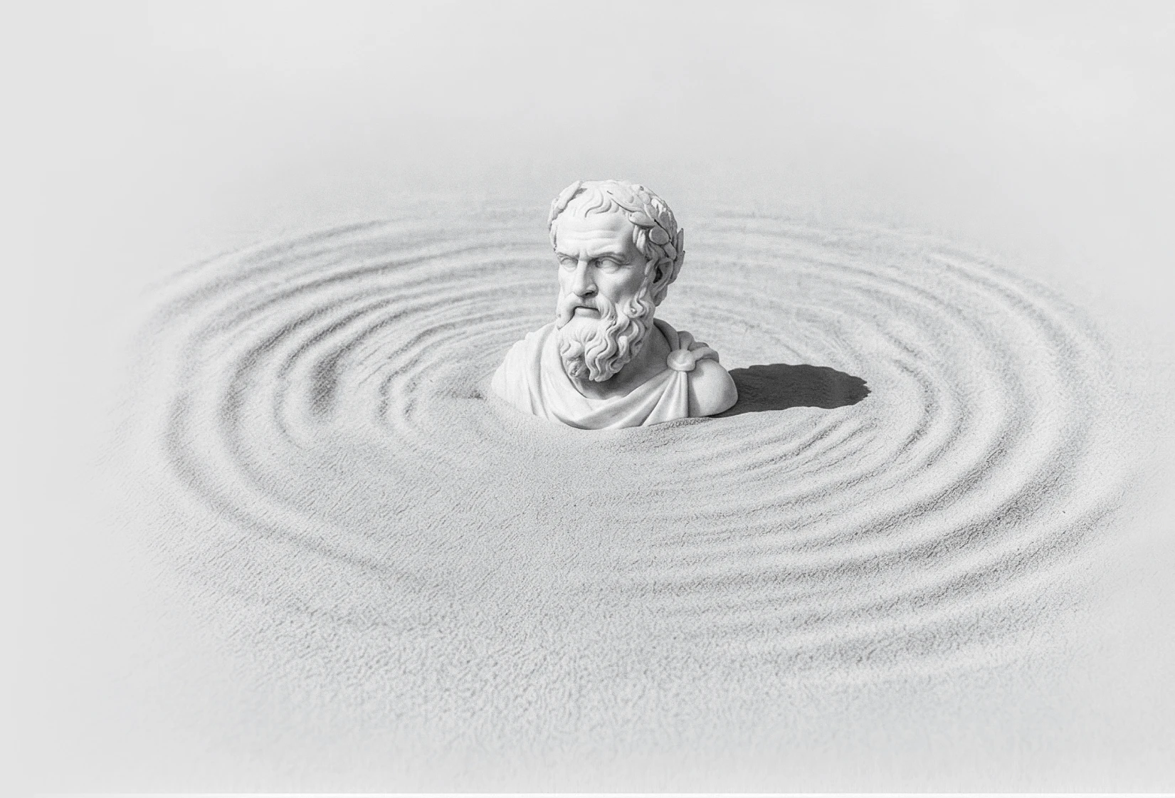 Escultura del filósofo Zenón entre ondas concéntricas de arena