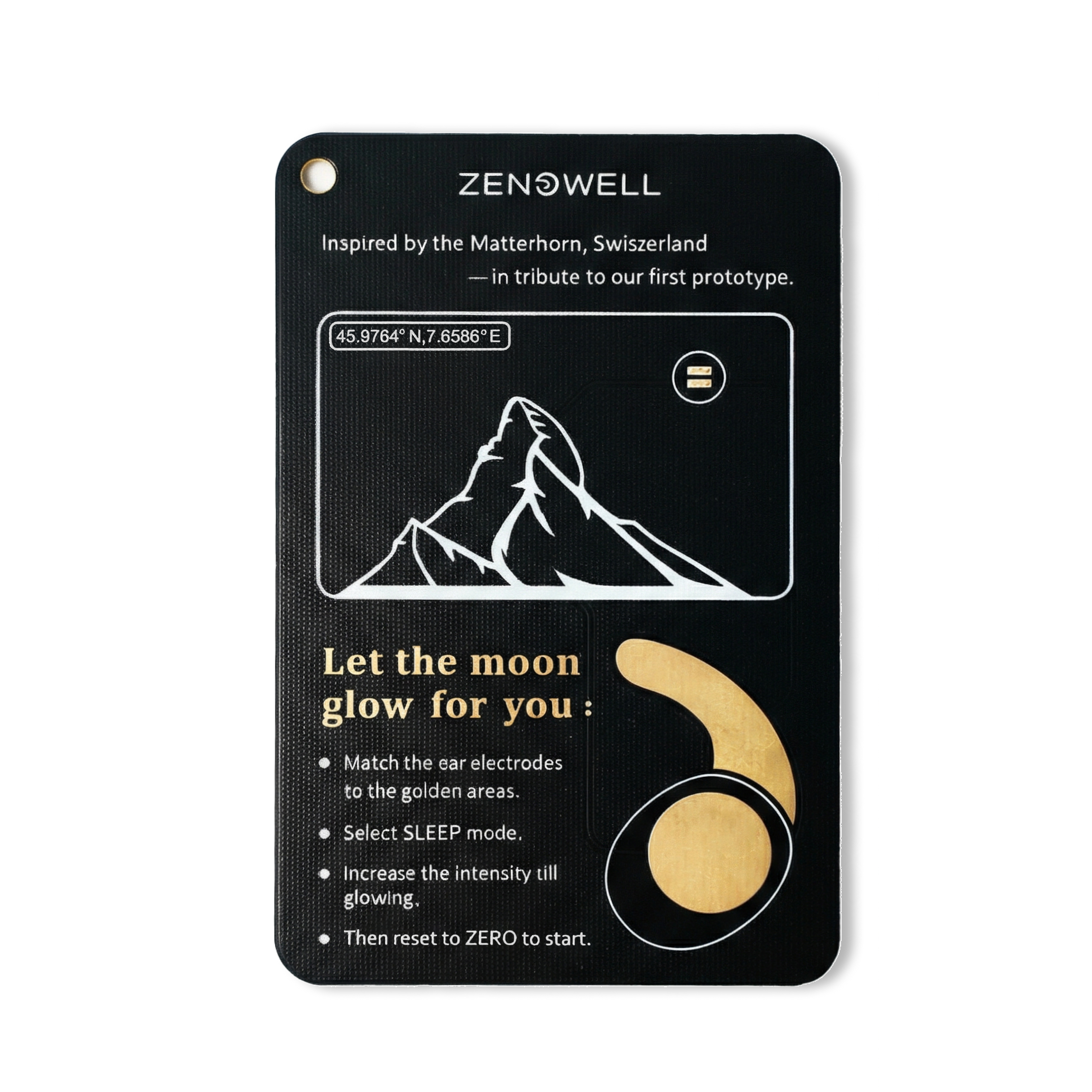 A ZenoWell warranty card inspired by the Matterhorn, Switzerland, guiding users on using earpiece for sleep mode.
